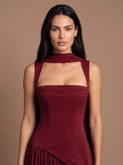 Women's Keyhole Cutout Lace-Up Maxi Dress - Cherry Lacquer