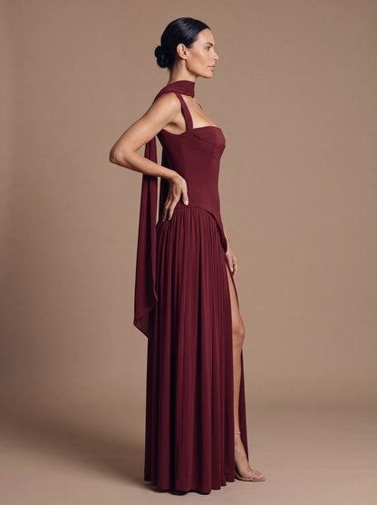 Women's Keyhole Cutout Lace-Up Maxi Dress - Cherry Lacquer