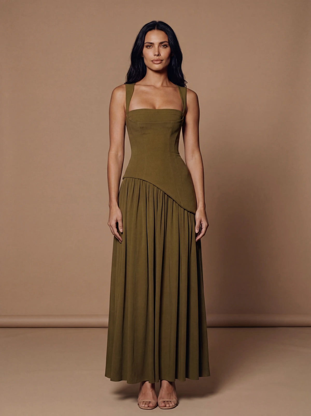 Women's Keyhole Cutout Lace-Up Maxi Dress - Deep Olive