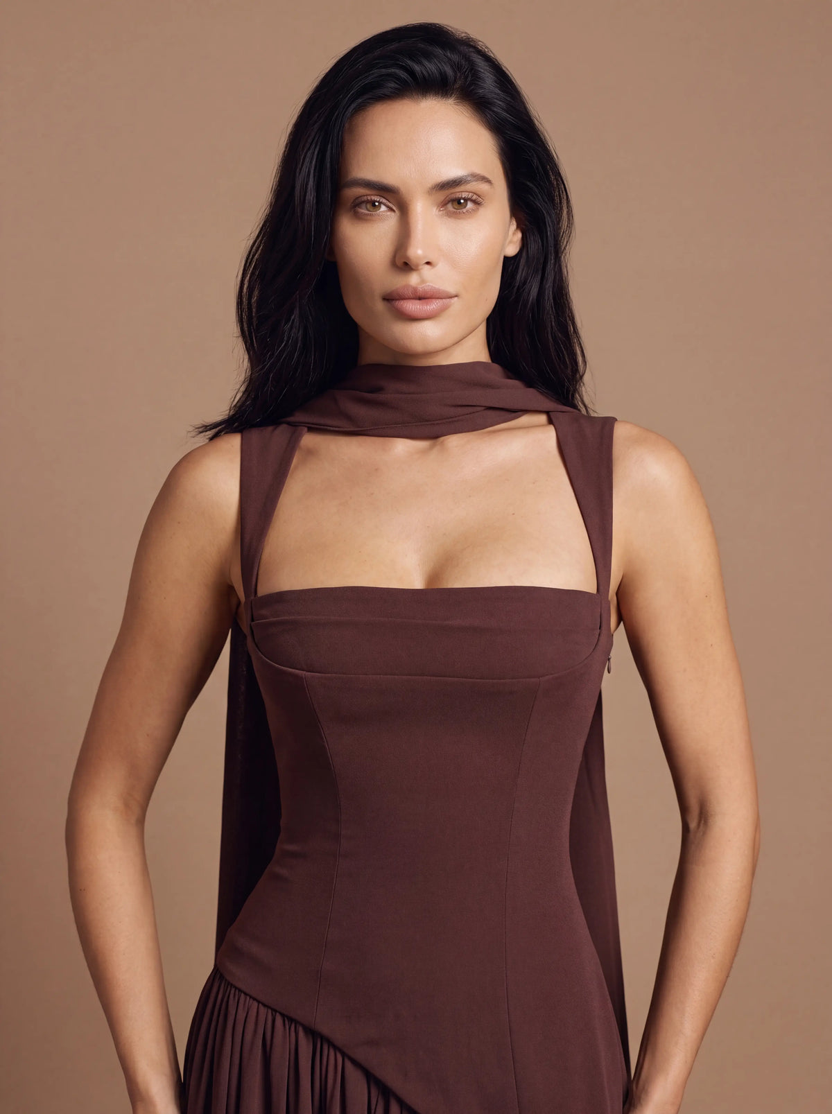 Women's Keyhole Cutout Lace-Up Maxi Dress - Plum Brown