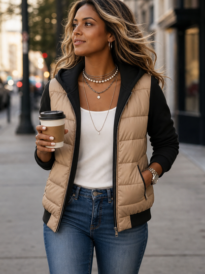 Women's Knit Sleeve Hooded Quilted Puffer Jacket - Black