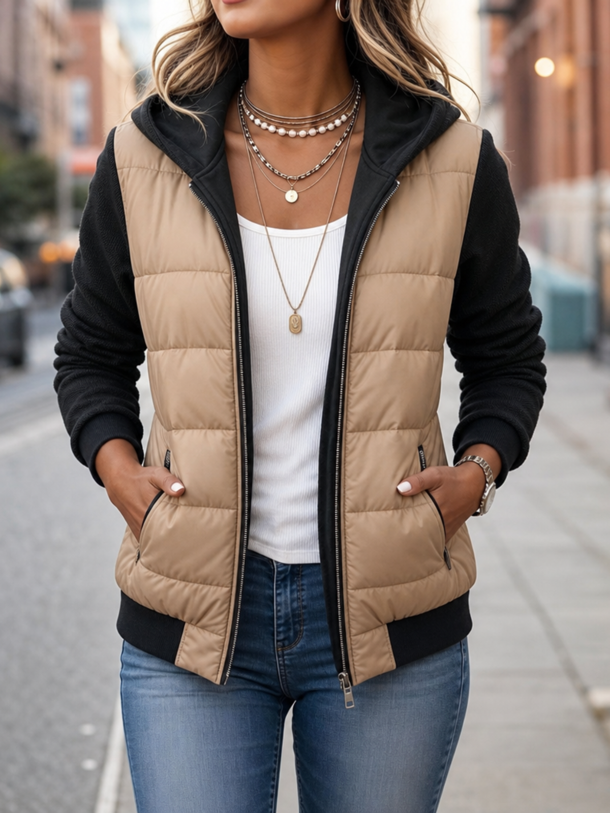 Women's Knit Sleeve Hooded Quilted Puffer Jacket - Black