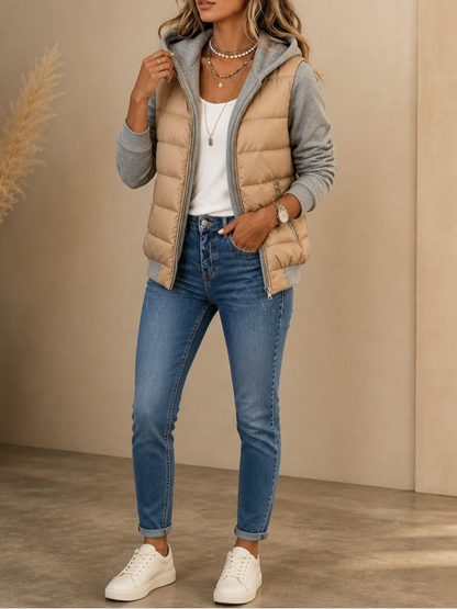 Women's Knit Sleeve Hooded Quilted Puffer Jacket - Gray
