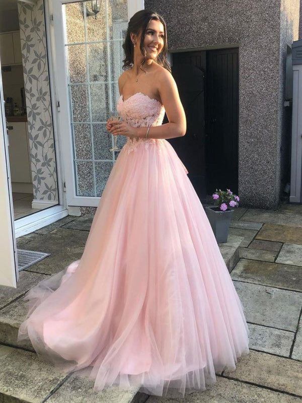 Women's Lace Bodice Tulle A-Line Prom Dress - Blush