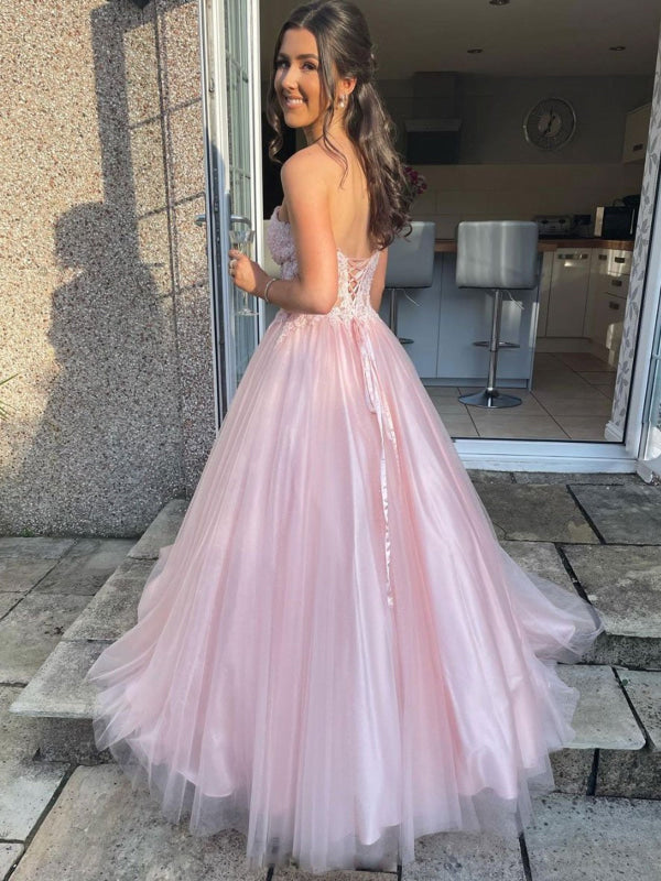 Women's Lace Bodice Tulle A-Line Prom Dress - Blush