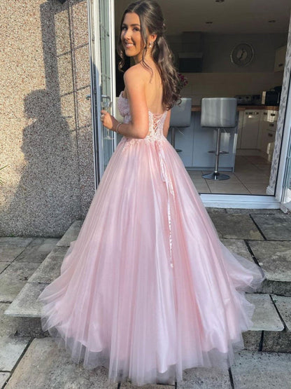 Women's Lace Bodice Tulle A-Line Prom Dress - Blush