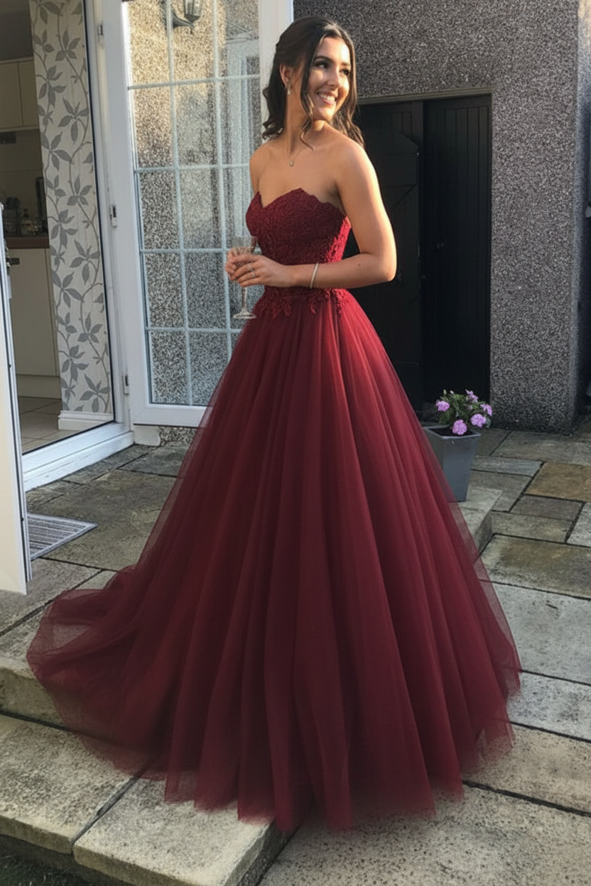 Women's Lace Bodice Tulle A-Line Prom Dress - Burgundy