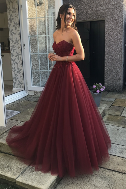 Women's Lace Bodice Tulle A-Line Prom Dress - Burgundy