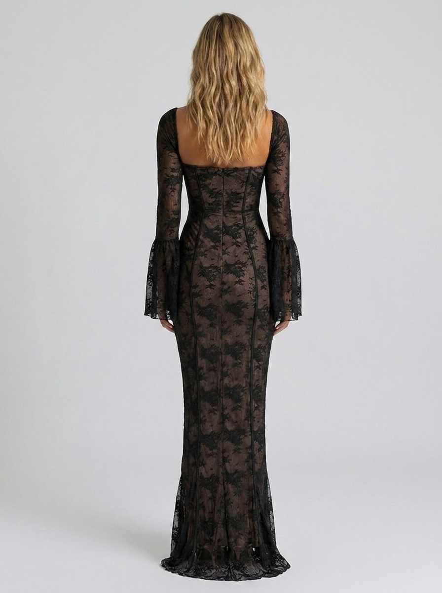 Women's Lace Corset Bell Sleeve Formal Maxi Dress - Black