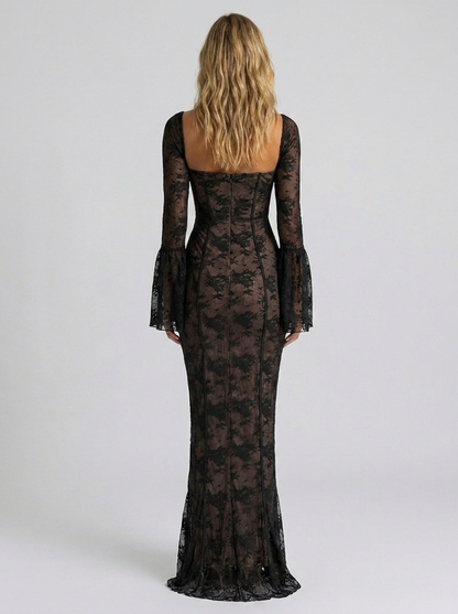 Women's Lace Corset Bell Sleeve Formal Maxi Dress - Black
