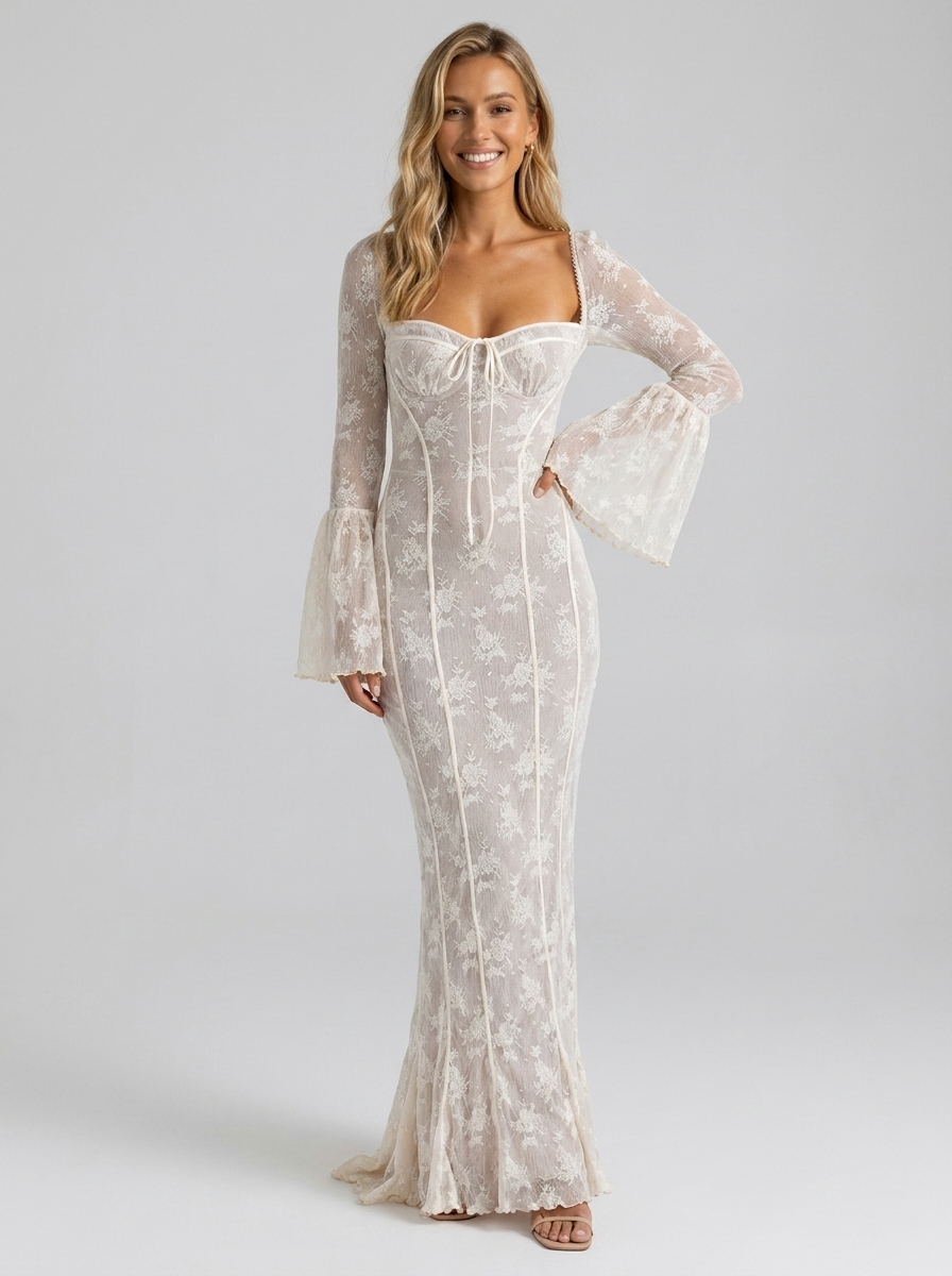 Women's Lace Corset Bell Sleeve Formal Maxi Dress - Ivory