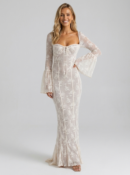 Women's Lace Corset Bell Sleeve Formal Maxi Dress - Ivory