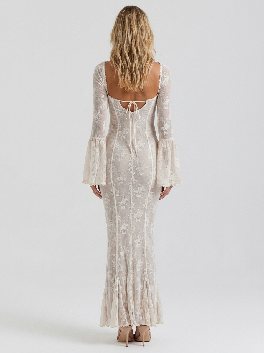 Women's Lace Corset Bell Sleeve Formal Maxi Dress - Ivory