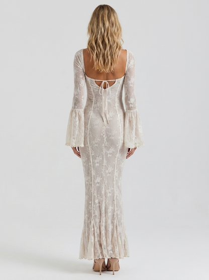 Women's Lace Corset Bell Sleeve Formal Maxi Dress - Ivory