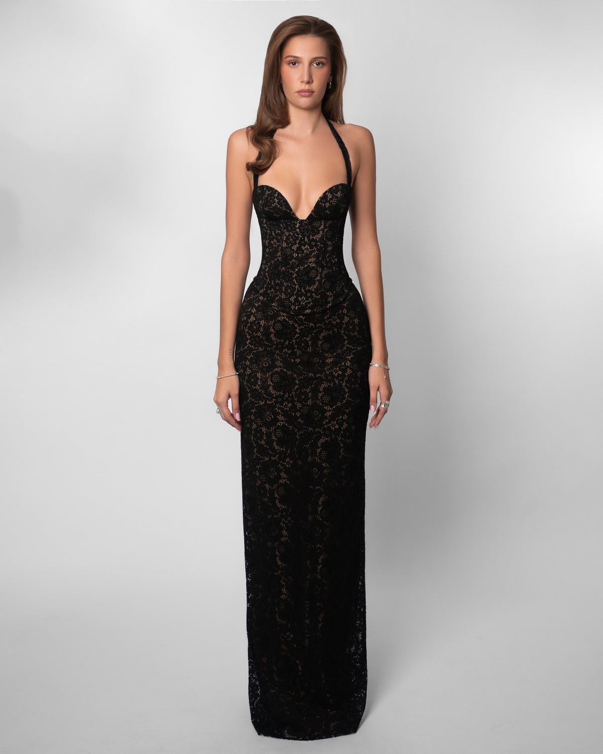 Women's Lace Halter Corset Black Maxi Dress - Black