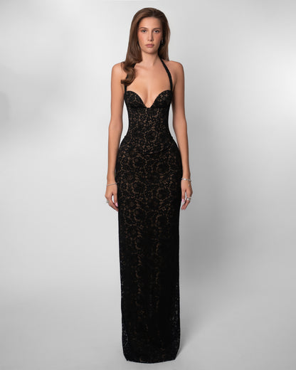 Women's Lace Halter Corset Black Maxi Dress - Black