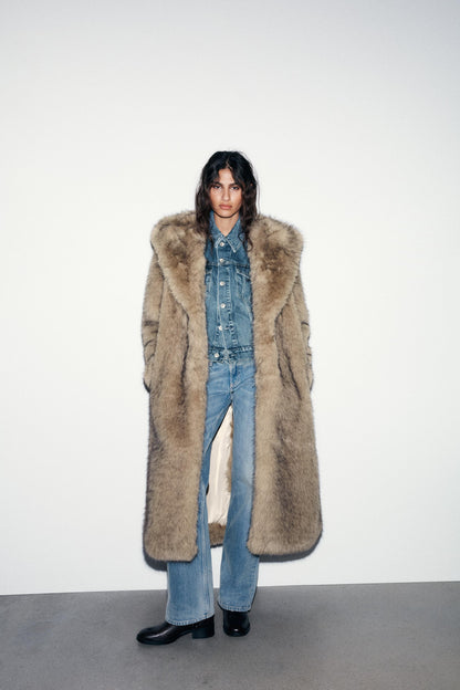 Women's Lapel Collar Faux Fur Longline Coat - Camel