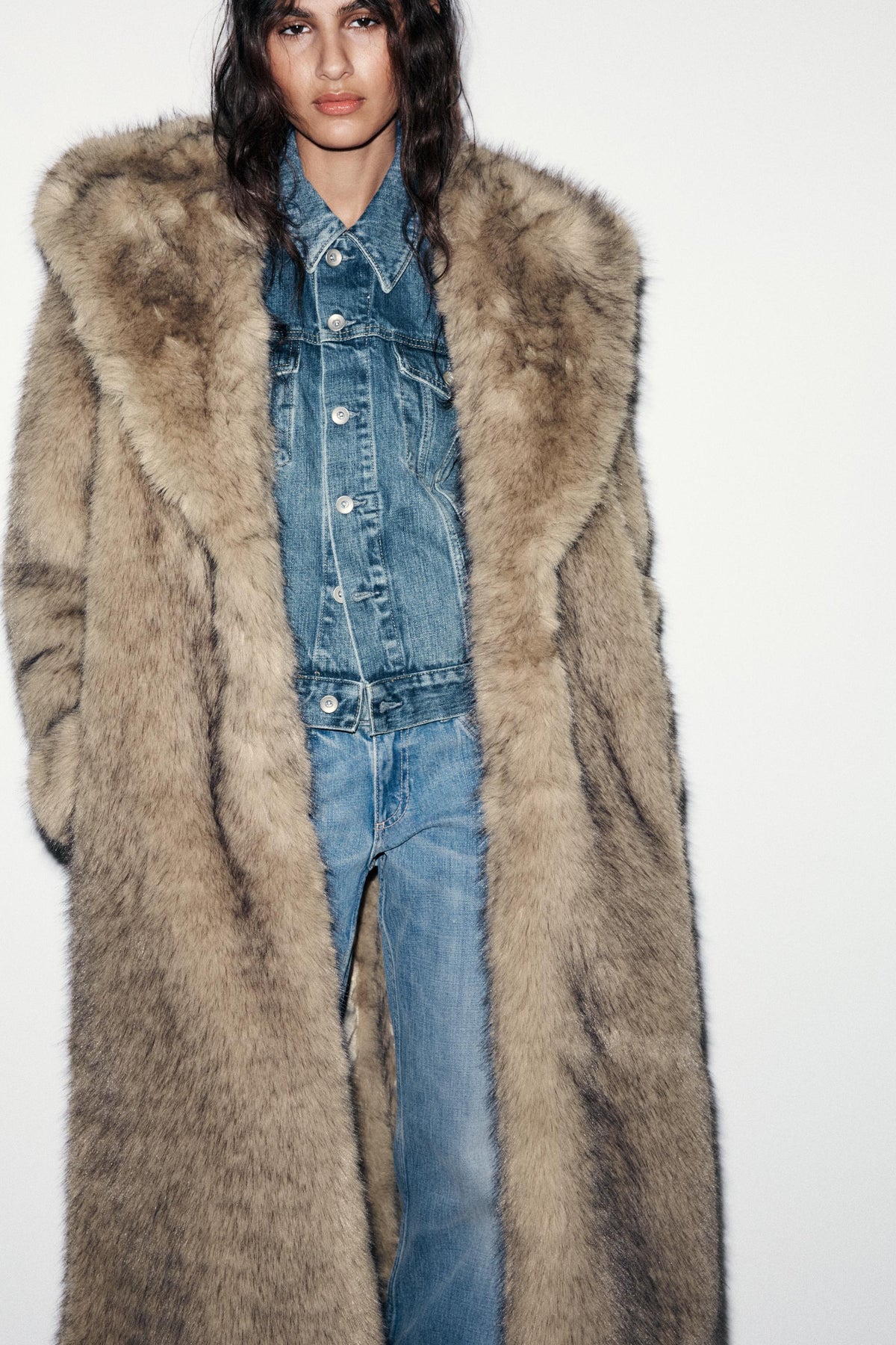 Women's Lapel Collar Faux Fur Longline Coat - Camel