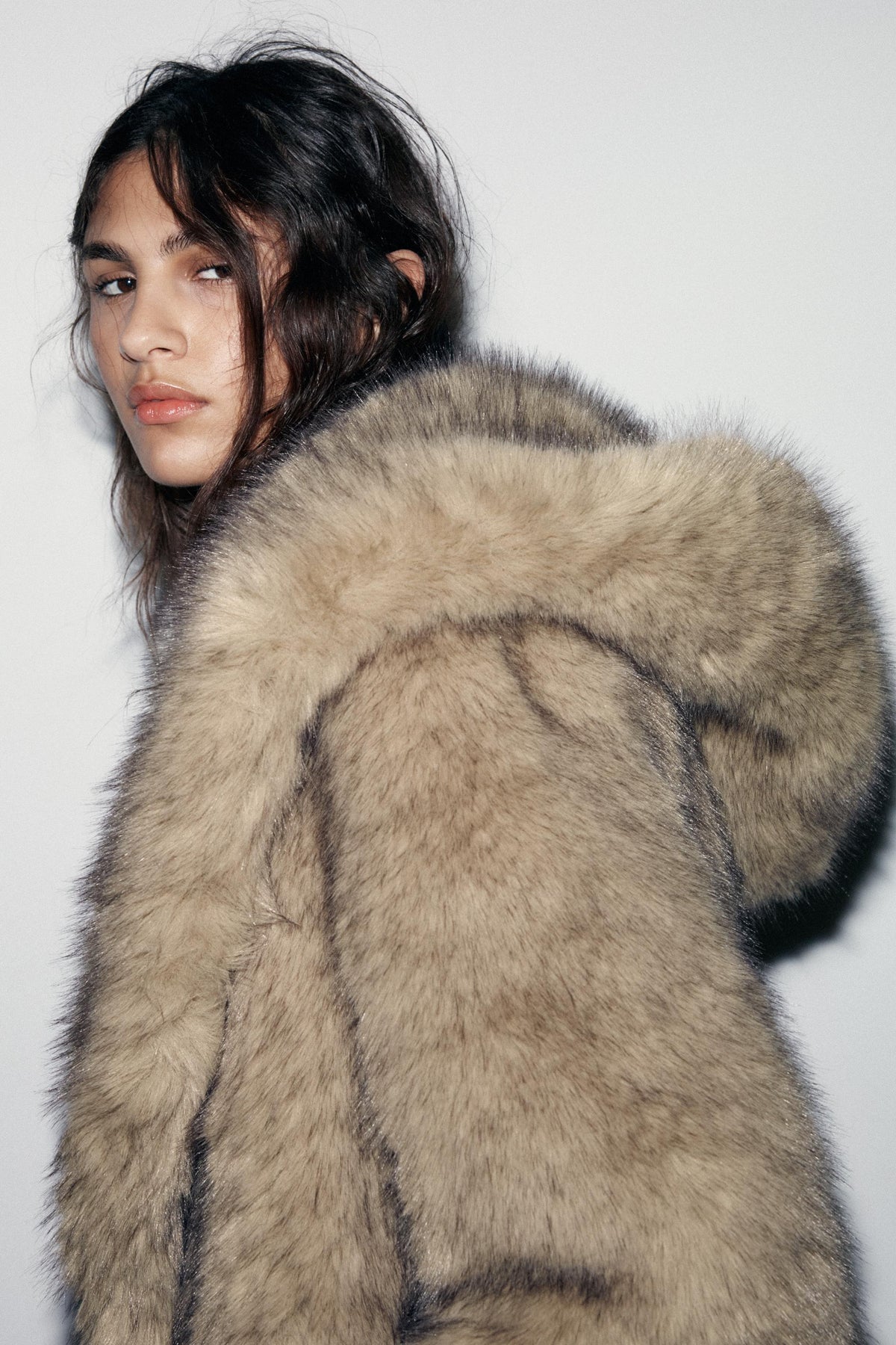 Women's Lapel Collar Faux Fur Longline Coat - Camel