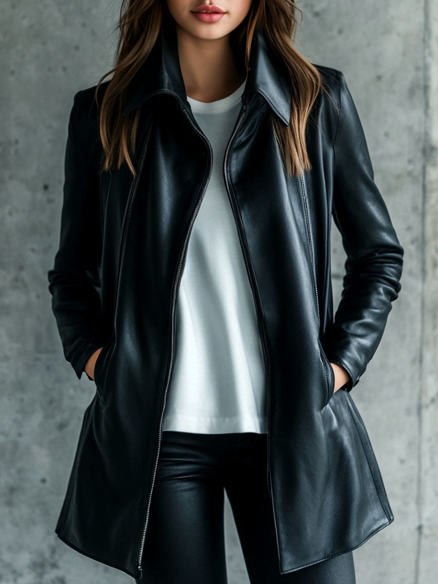 Women's Leather-Look Collared Black Jacket - Black