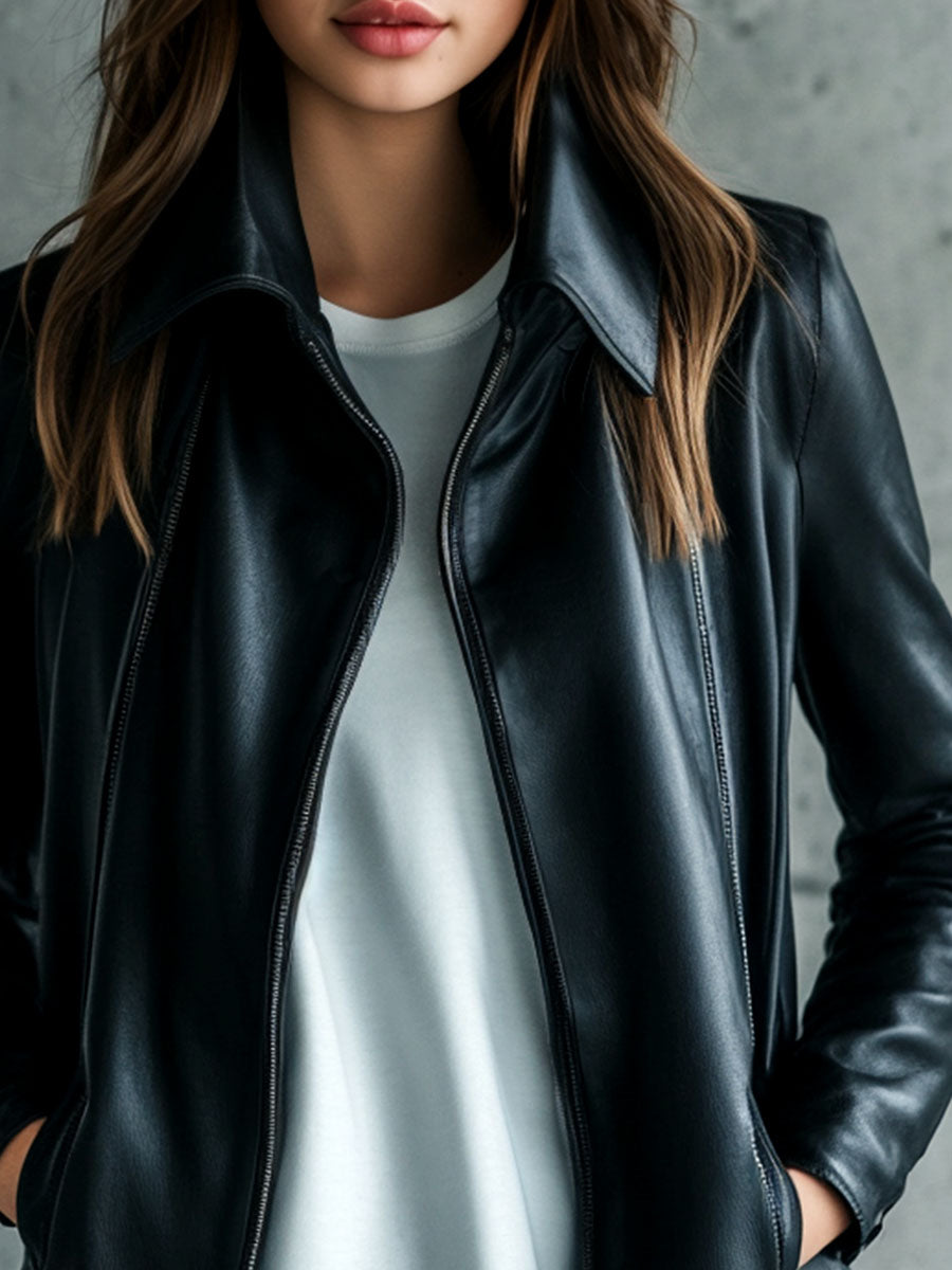 Women's Leather-Look Collared Black Jacket - Black