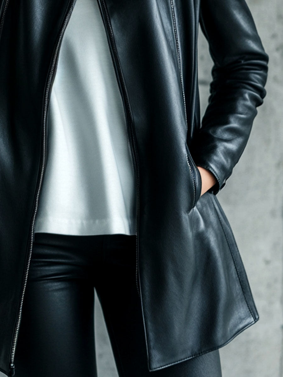 Women's Leather-Look Collared Black Jacket - Black