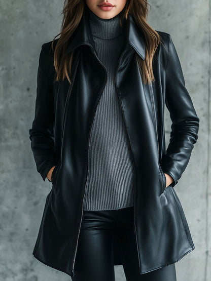 Women's Leather-Look Collared Black Jacket - Black