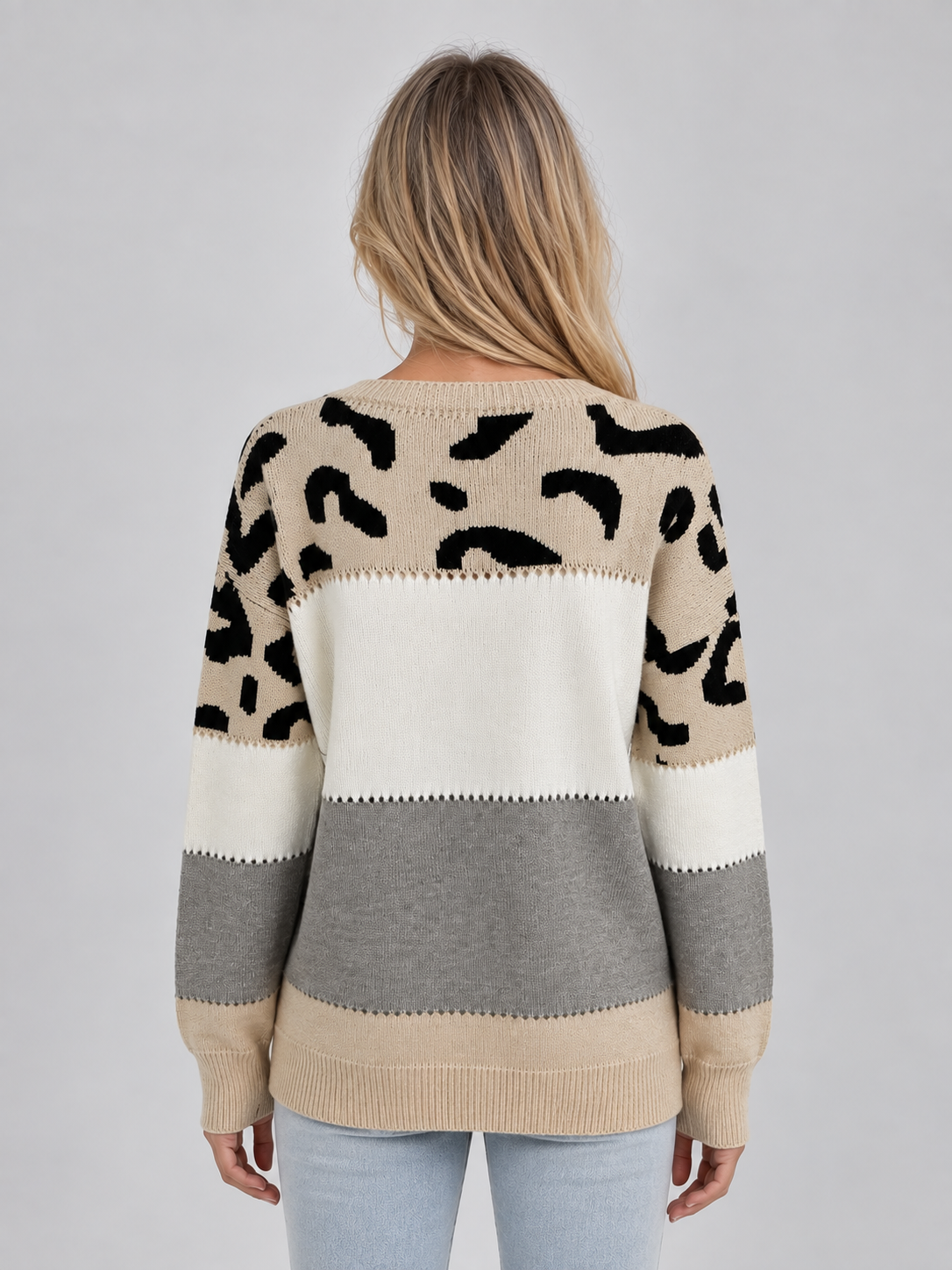 Women's Leopard Colorblock Crew Neck Knit Sweater - Beige Leopard