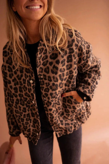 Women's Leopard Print Button-Up Pocket Jacket - Leopard