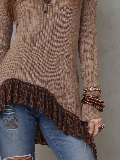 Women's Leopard Print Ruffle Hem Knit Sweater - Brown
