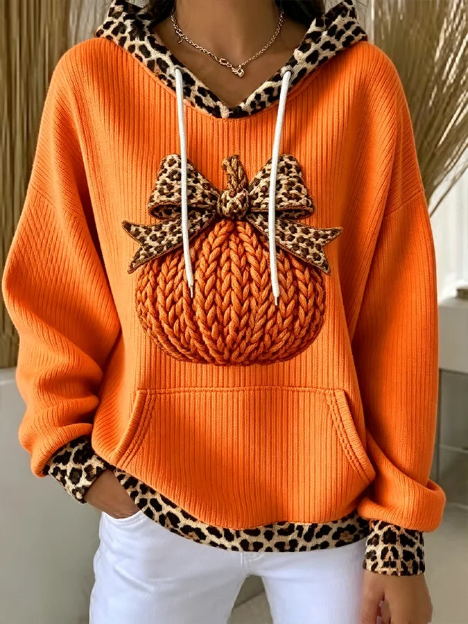 Women's Leopard Trim Pumpkin Hooded Knit Sweater - Orange