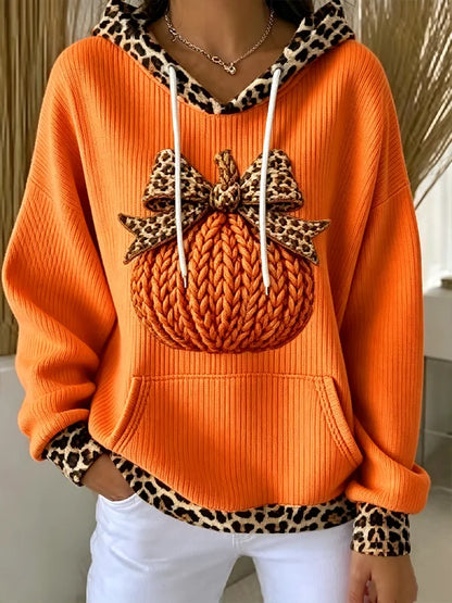 Women's Leopard Trim Pumpkin Hooded Knit Sweater - Orange