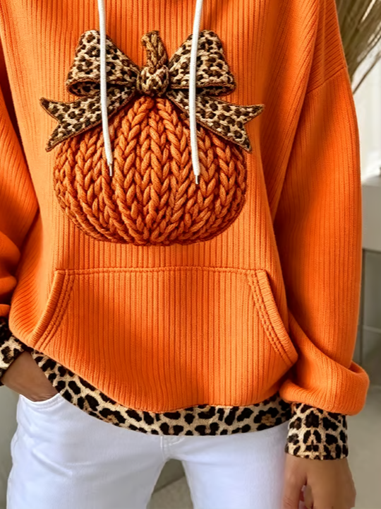 Women's Leopard Trim Pumpkin Hooded Knit Sweater - Orange
