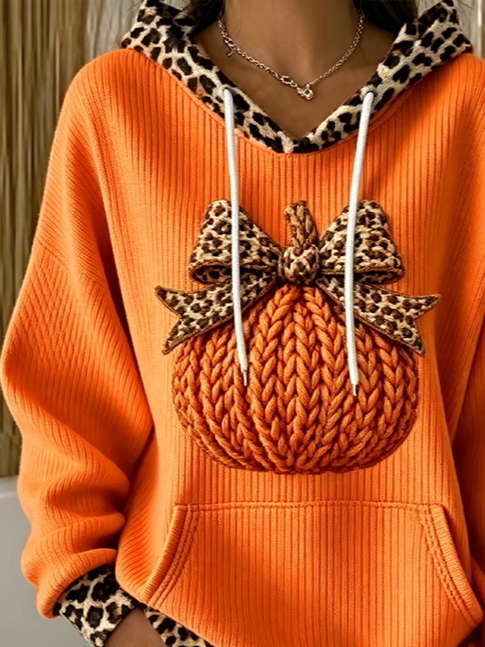Women's Leopard Trim Pumpkin Hooded Knit Sweater - Orange