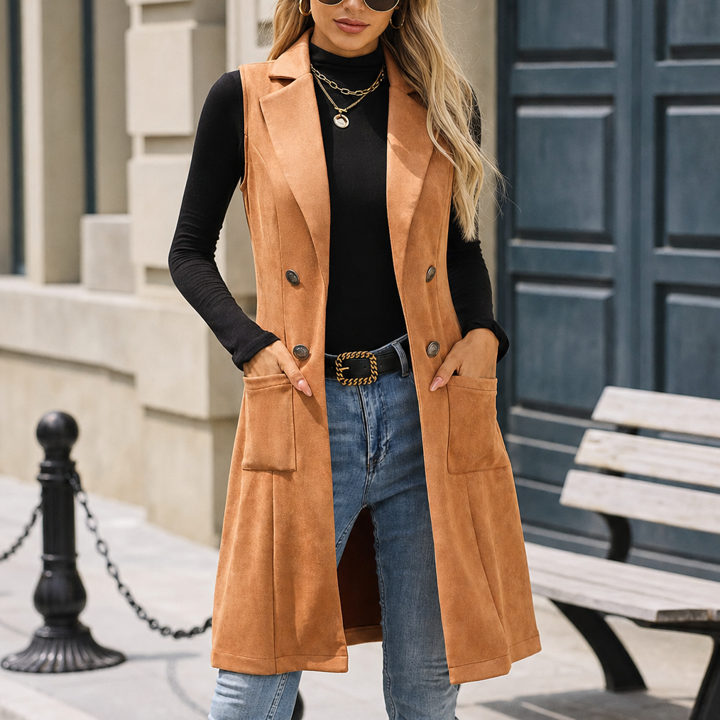 Women's Long Double-Breasted Faux Suede Gilet - Camel