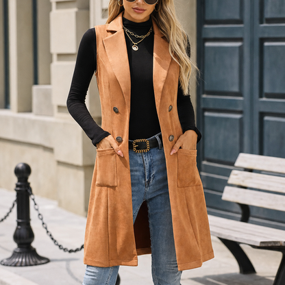 Women's Long Double-Breasted Faux Suede Gilet - Camel