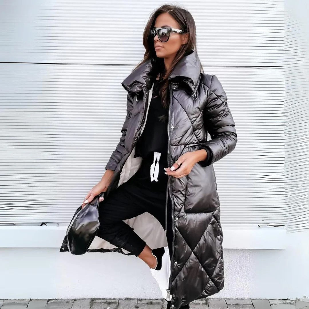 Women's Long Puffer Coat with Diamond Quilting and Funnel Collar - Black