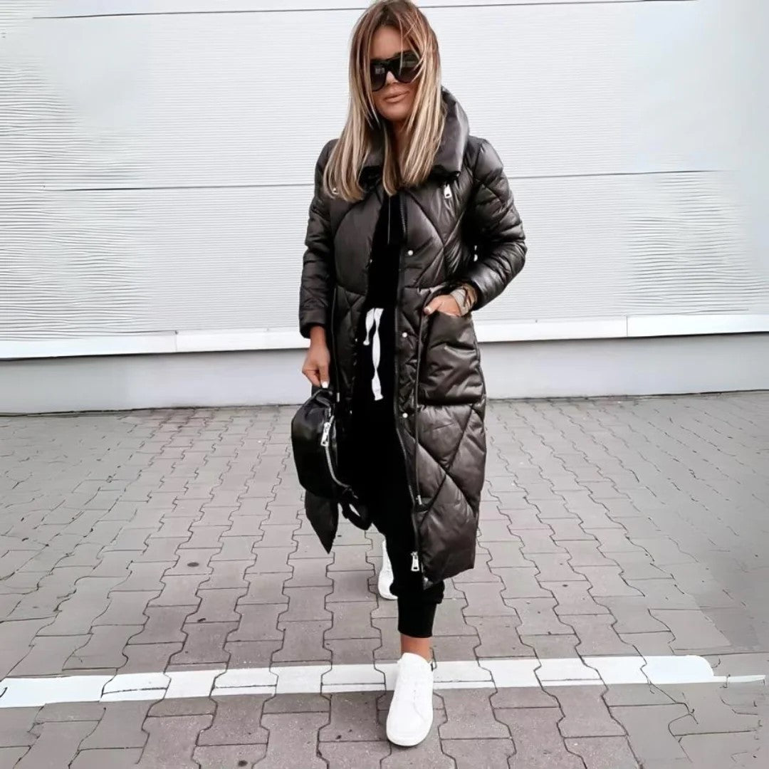 Women's Long Puffer Coat with Diamond Quilting and Funnel Collar - Black