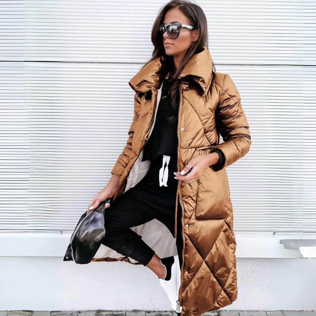 Women's Long Puffer Coat with Diamond Quilting and Funnel Collar - Caramel