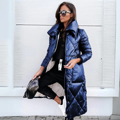Women's Long Puffer Coat with Diamond Quilting and Funnel Collar - Navy Blue