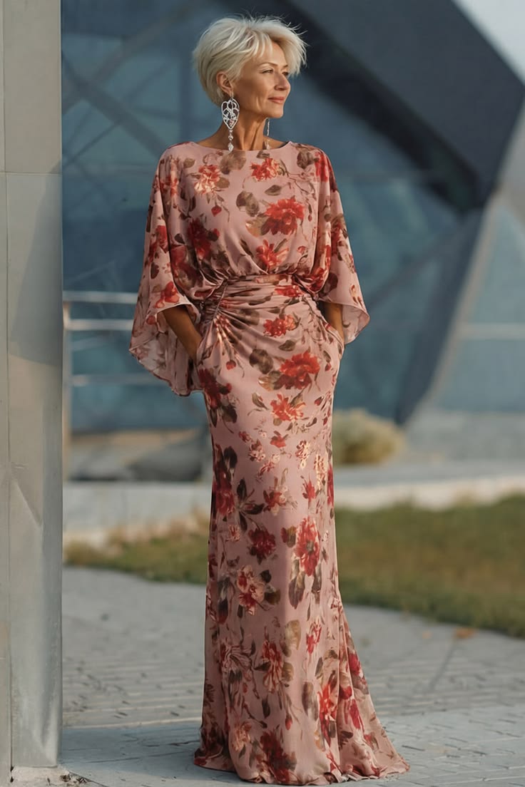 Women's Long-Sleeve Dusty Rose Floral Formal Maxi Dress - Dusty Rose Floral