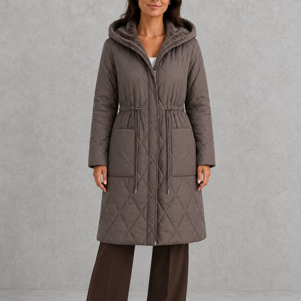 Women's Longline Faux Fur Collar Puffer Coat - Taupe