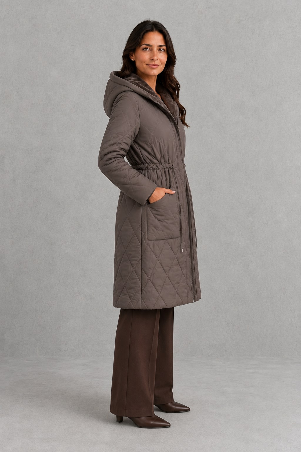 Women's Longline Faux Fur Collar Puffer Coat - Taupe