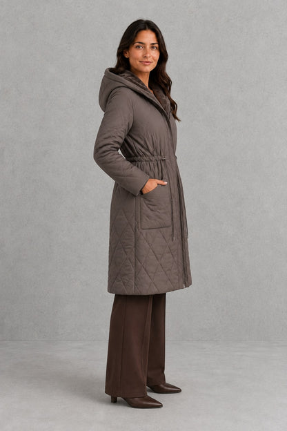 Women's Longline Faux Fur Collar Puffer Coat - Taupe