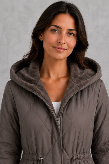 Women's Longline Faux Fur Collar Puffer Coat - Taupe