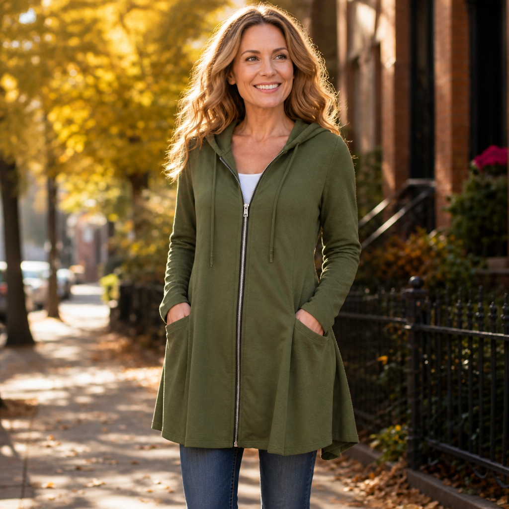 Women's Longline Hooded Fleece-Look Zip Jacket - Army Green
