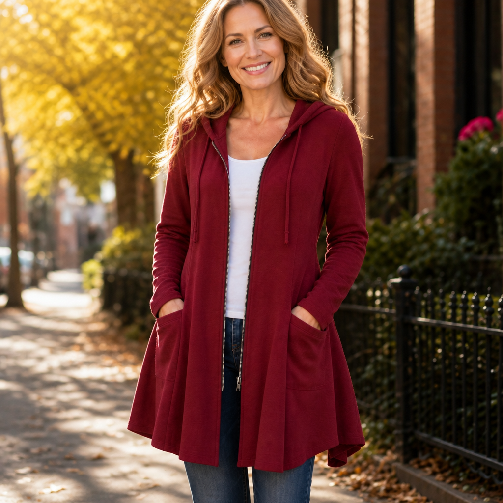 Women's Longline Hooded Fleece-Look Zip Jacket - Burgundy