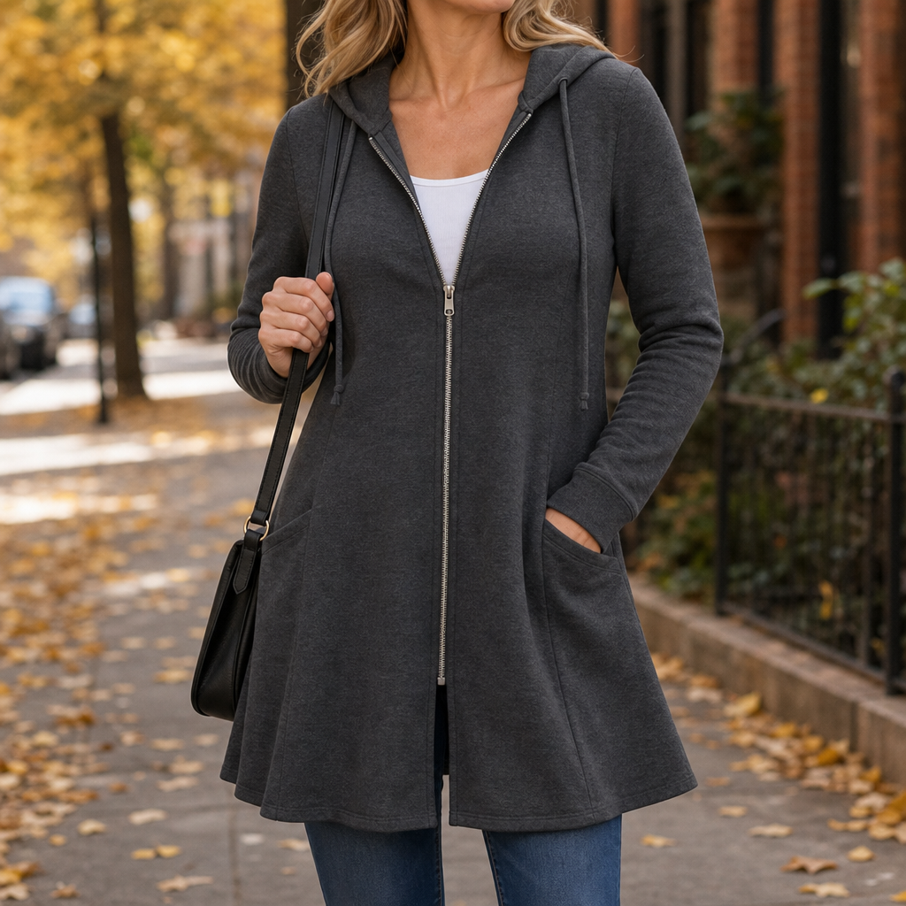 Women's Longline Hooded Fleece-Look Zip Jacket - Gray