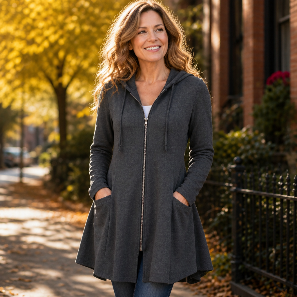 Women's Longline Hooded Fleece-Look Zip Jacket - Gray