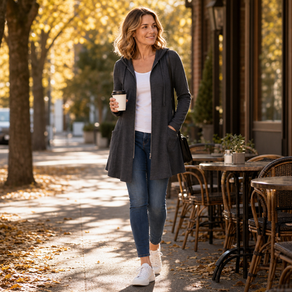 Women's Longline Hooded Fleece-Look Zip Jacket - Gray